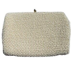 Corde Beads White Gold Tone Metal Frame Handbag Bag Purse Vintage Kiss Clasp 60s